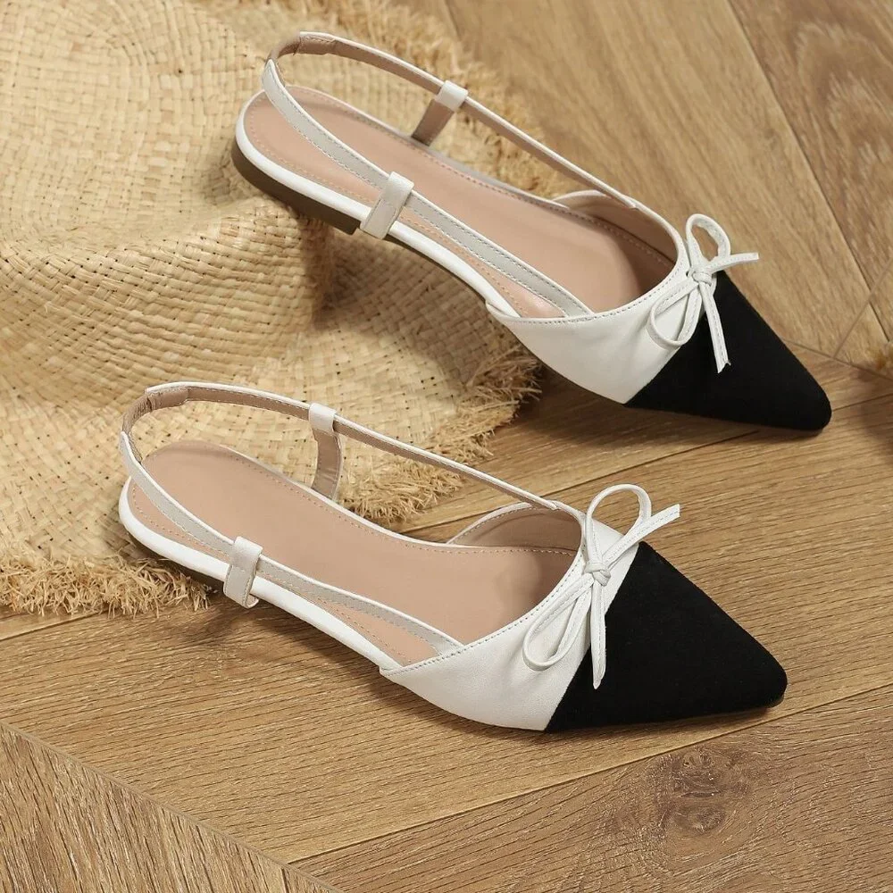 Black and White Casual Women's Color Block Faux Leather Pointed Toe Flats